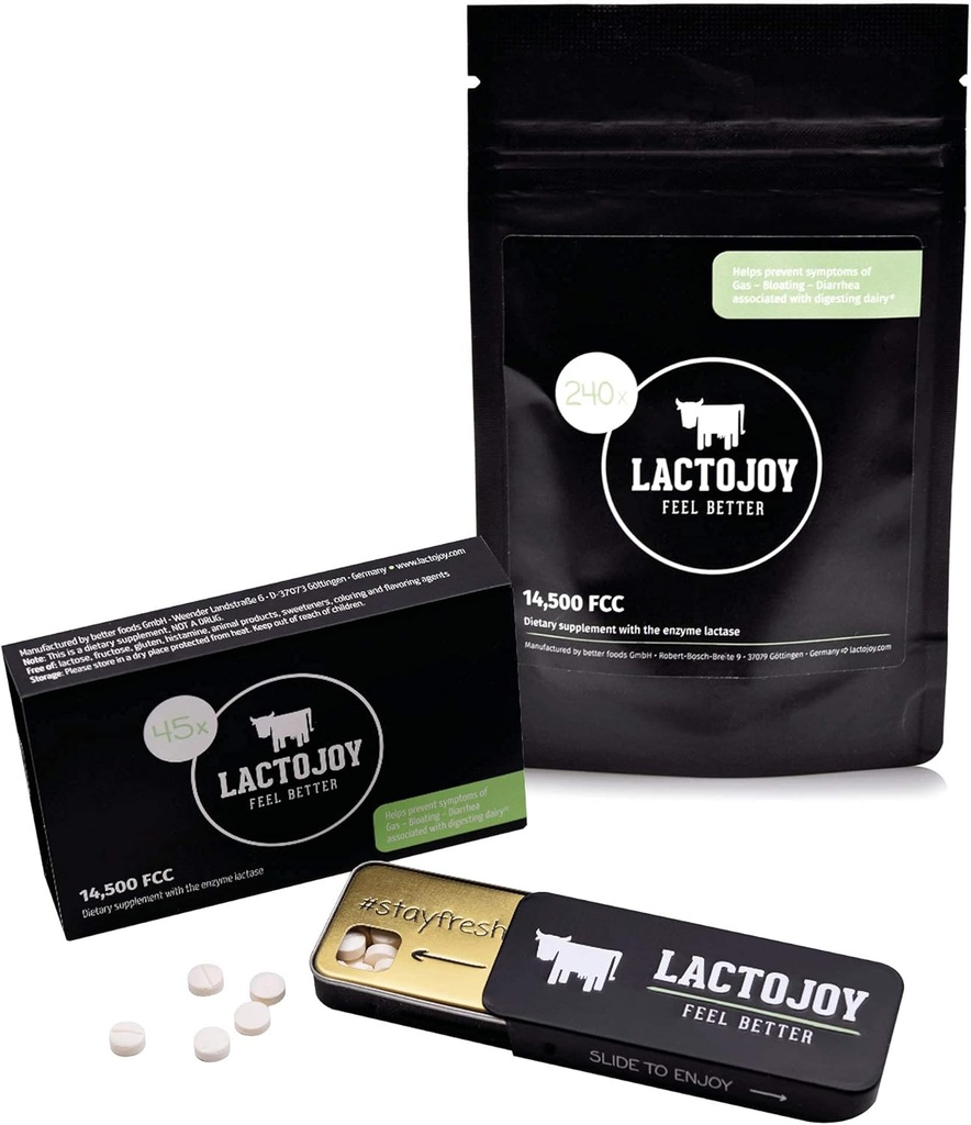 LactoJoy Lactase Pillen Bundle von 45 Stück und Refill Pack I Leistungsstarke Lactase Enzyme für Lactose Intolerance I Ultra Pure Lactase für verbesserte Verdauung I Kein Silikon Dioxid, keine künstlichen Aromen