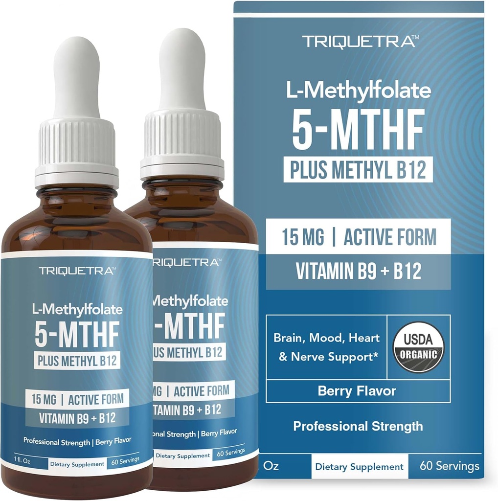 L Methyl Folate 15mg Plus Methyl B12 Cofactor – Bio, Berry Flavor, Professional Strength, Liquid Sublingual, Active 5-MTHF Form - Unterstützt Mood, Homocystein Methylierung, Kognition (1oz -2 Pack)