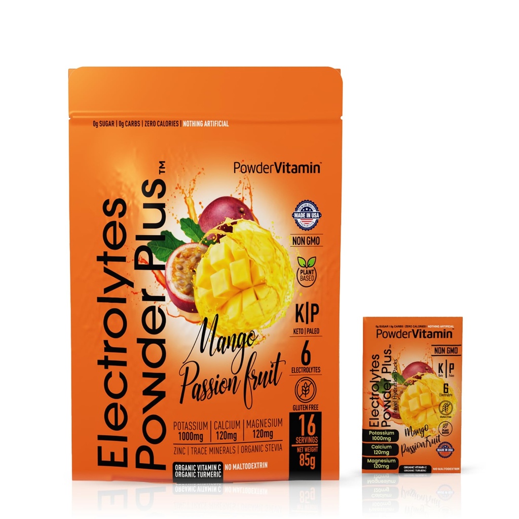 PowderVitamin Elektrolyte Powder Plus, Keto, Mango Passionfruit, Sugar Free, Pink Himalaya Salz, 1000mg Kalium, 120mg Calcium, 120mg Magnesium, Non-GMO, Zero Calories, (16 Hydration Packets)