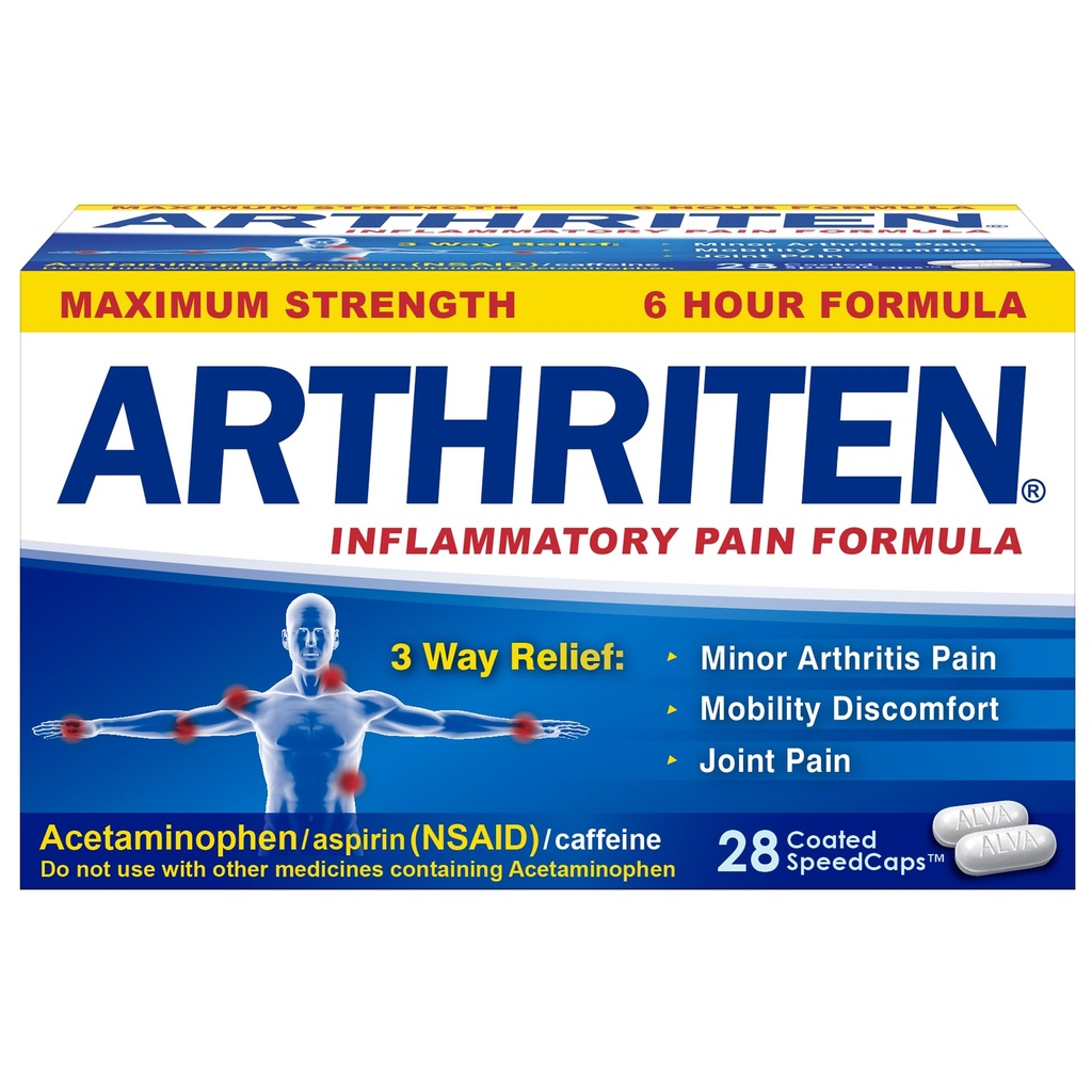 Entzündliche Schmerzformelkapseln mit 3 Wirkstoffen: Aspirin, Acetaminophen & Koffein, Weiß, 28 Zähler (Pack 1)