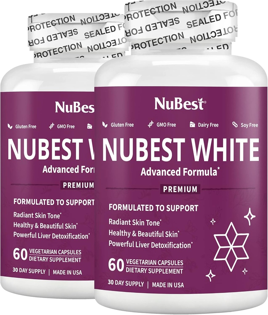 NuBest White - Supplément de blanchiment de peau, supplément pour l'antivieillissement avec le glutathion, vitamine C, E, B2, extrait de chardon de lait, extrait de thé vert pour éclaircir et éclaircir