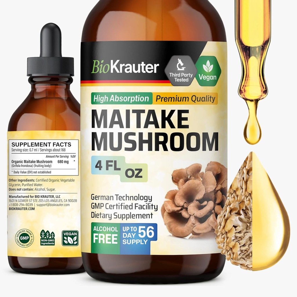 BIO KRAUTER Maitake Pilzextrakt - Maitake Liquid Supplement für Immununterstützung - 680 mg pro Portion - Vegan, Alkohol & Zucker Kostenlose Tropfen 4 Fl.Oz.