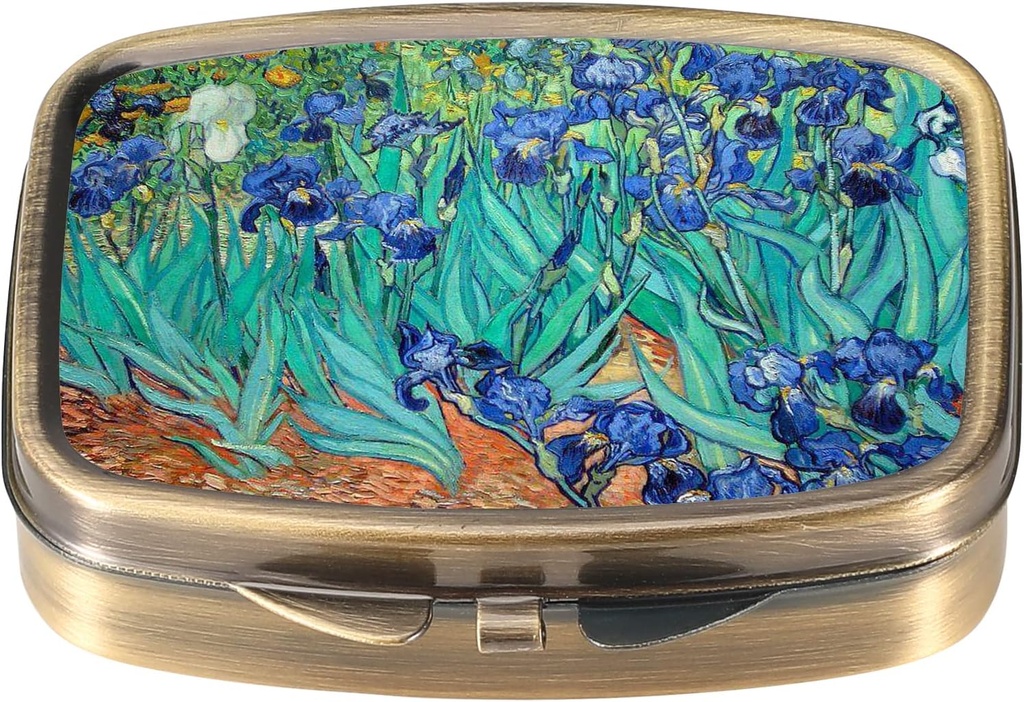 Dynippy Pille Box mit Spiegel Retro Tasche 2 Kompartiment Medizin Fall Vitamin Pill Organizer für Taschengeld und Reisen (A-Van Gogh Irises)