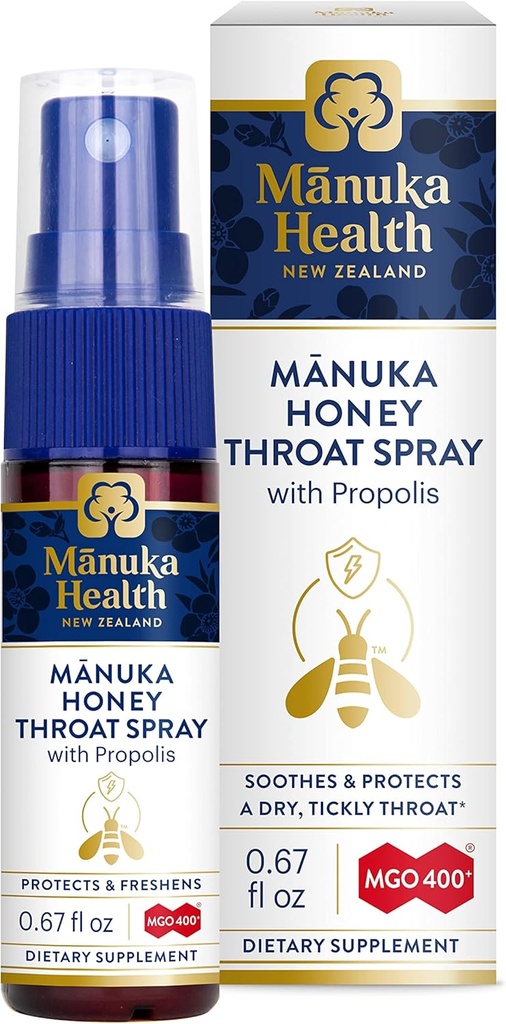 MANUKA HEALTH, Manuka Honey Throat Spray mit Propolis .67 fl oz, Protects & Freshens, MGO 400+, BIO30 Neuseeland Propolis