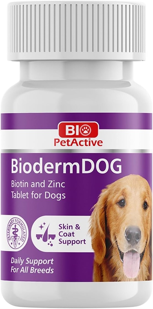 Bio Pet Active BiodermDOG 0.5 comprimés de zinc et de biotine pour chiens, système immunitaire, peau, revêtement et ongles pour chiens, 1,32 oz, 75 comprimés à croquer