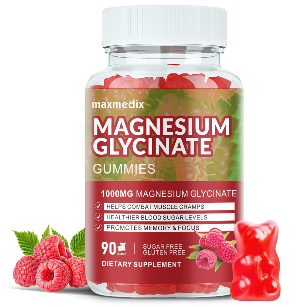 Glycinat de magnésium Gommies 1000mg, Suppléments de potassium de magnésium sans sucre Chewable pour adultes avec L-Thréonate pour le sommeil, le soutien corporel et la relaxation,90 Gommies de framboises