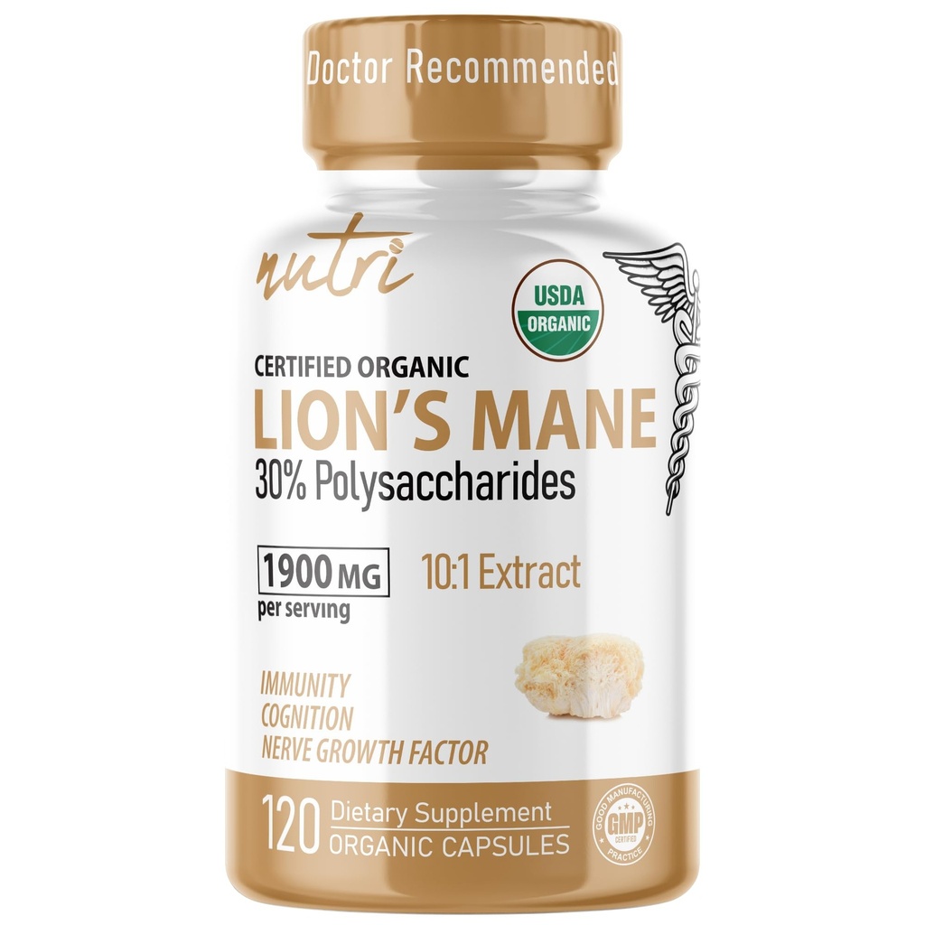 Capsule Mane Integratori Biologici Nutri - 1900 mg, 10:1 Dual Extraction, 120 Count - Estratto di Funghi (Fruiting Body) - Terze Parti Testata