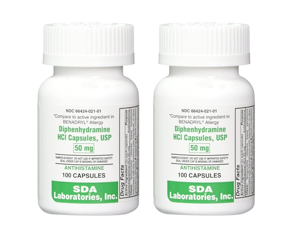 SDA LABORATORIES Diphenhydramin 50mg, Allergy Relief, Antihistamin Kapseln, Fast-Acting Formel für Niesen, Runny Nose & Itchy Eyes – 100 Count (2 Pack)