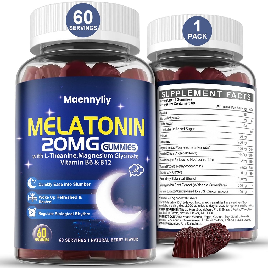 Melatonina 20mg Gummies per adulti - Zucchero Melatonina Gummies Extra Forza con L-teanina, Magnesio, Ashwagandha, Turmerico, D3 & Zinc - Non-Habit Forming