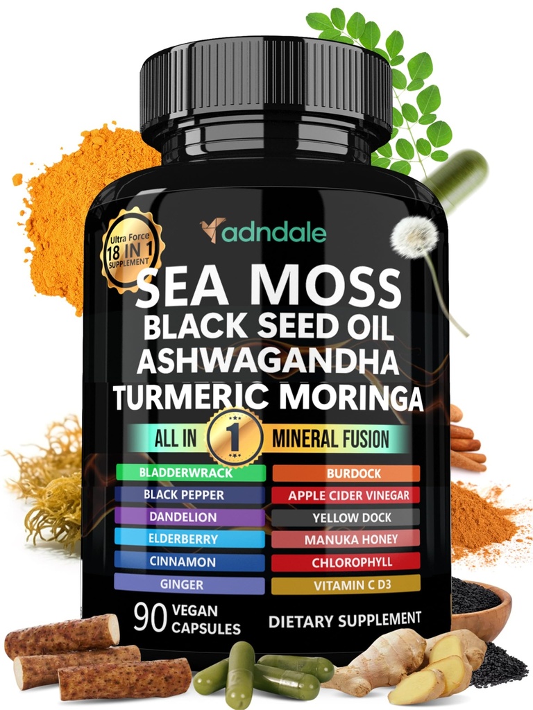 Adndale Sea Moss Black Seed olio Ashwagandha Ginger capsule. Capsule SeaMoss con olio di semi di nero, Ashwagandha, Turmerico, Moringa, Bladderwrack, Radice di Burdock, Manuka Honey, Cinnamon