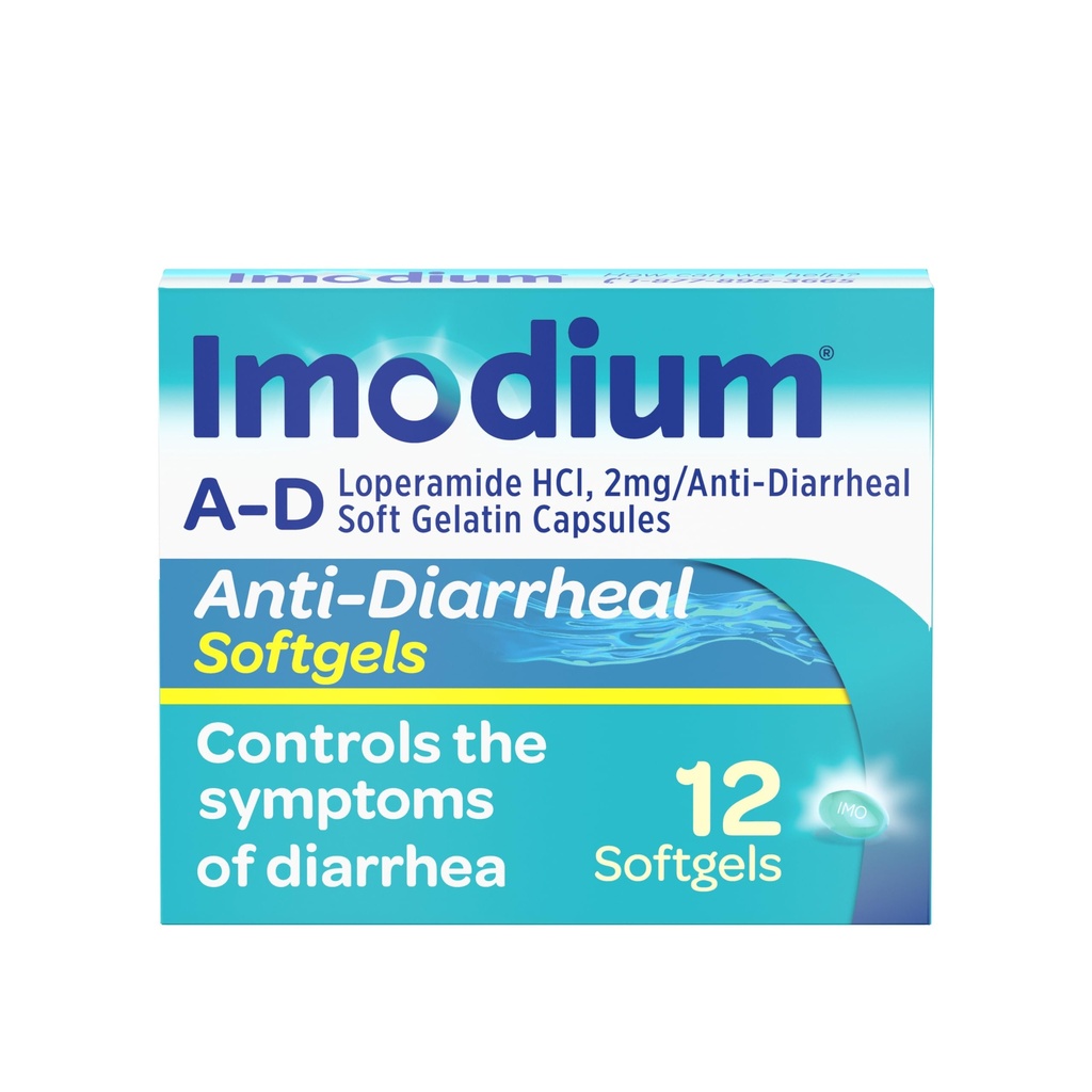 Imodium A-D Diarrhea Relief Softgels con Loperamide HCl, Medicina Anti-Diarrheal per aiutare i sintomi di controllo della diarrea a causa di acuto, Diarrea del viaggiatore, HSA/FSA Eleggibile, 12 ct