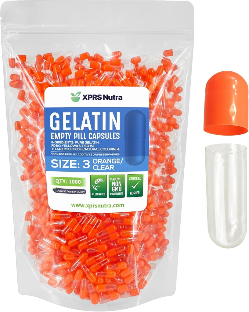 XPRS Nutra Größe 3 Leere Kapseln - 1000 Graf Leere Gelatine Kapseln - Pillen DIY Kapsel Füllung - Pure Bovine Pille Gel Kapseln füllbar für Do-It-Yourself Vitamine und Ergänzungen (Orange/Clear)