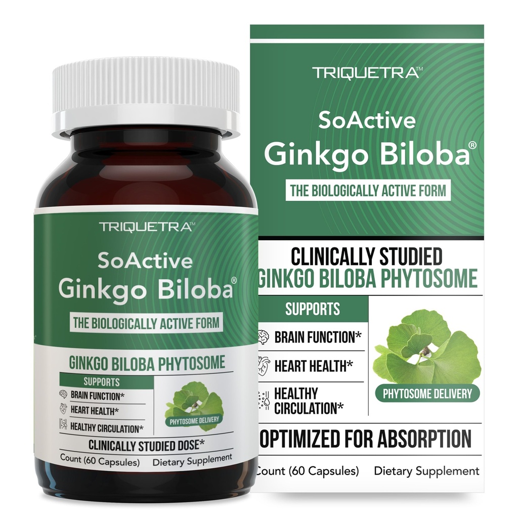 SoActive Ginkgo Biloba con GinkgoSelect® Phytosome | Studi clinici di assorbimento potenziato per cervello, cuore e supporto della memoria – 180 mg – aiuta a mantenere la Circolazione e la salute cognitiva (60 capsule)