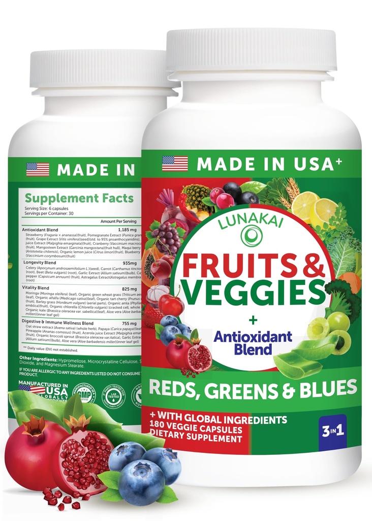 Lunakai USA Superfood Fruits & Veggies Supplément - All-in-One avec 4 Mélanges & Capsules Parfumées, Capsules Super Veggie 180ct pour Adultes