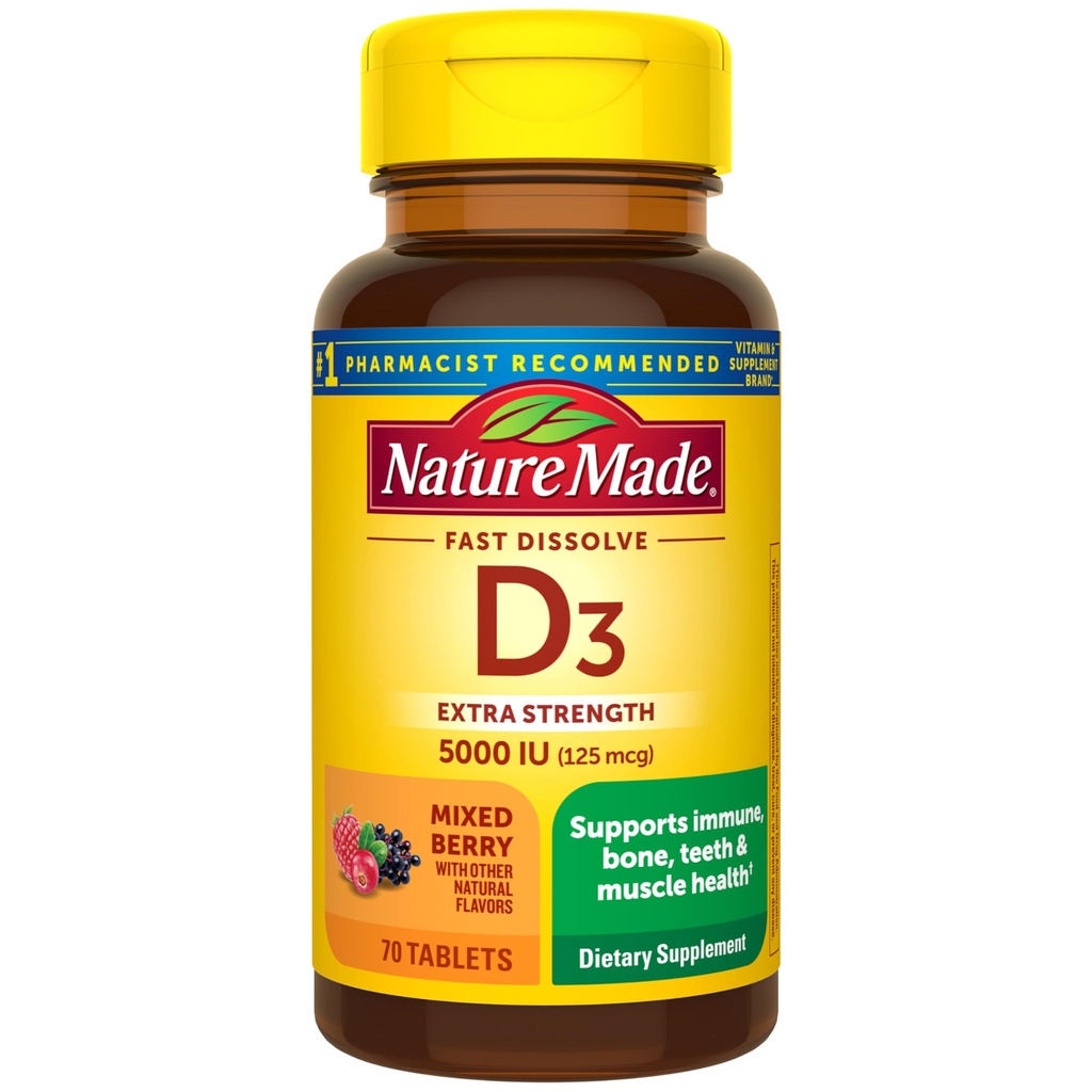 Naturgemachtes Vitamin D3 5000 IU (125 mcg) Extrastärke, Vitamin D-Zusatz für Immununterstützung, 70 Sugar Free Fast Dissolve Tablets, 70 Tage Versorgung