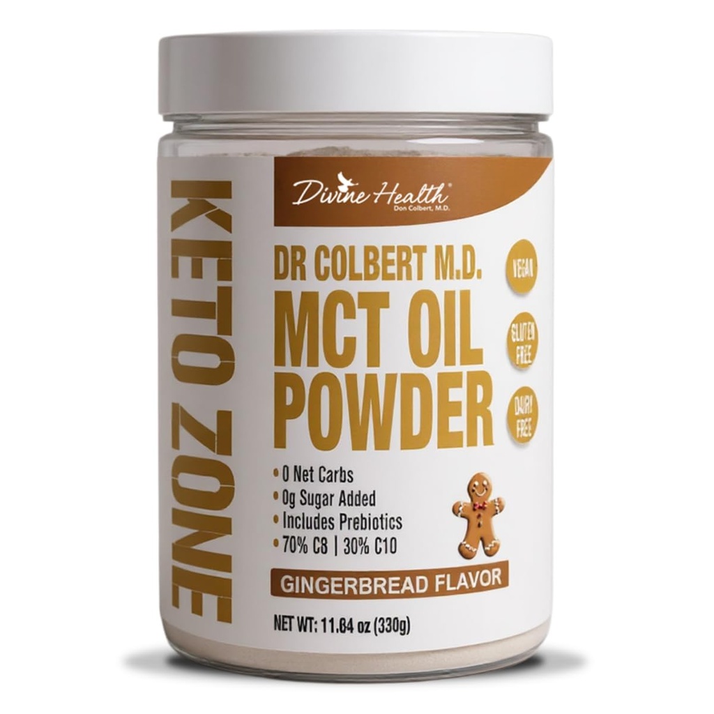 Göttliche Gesundheit Keto Zone® MCT Öl Pulver | Gingerbread | 330 G | 30 Tage Versorgung | Dr. Colbert's Keto Zone Diät Buch | Kaffee Creamer | 70% C8 30% C10 | 0 Net Carbs