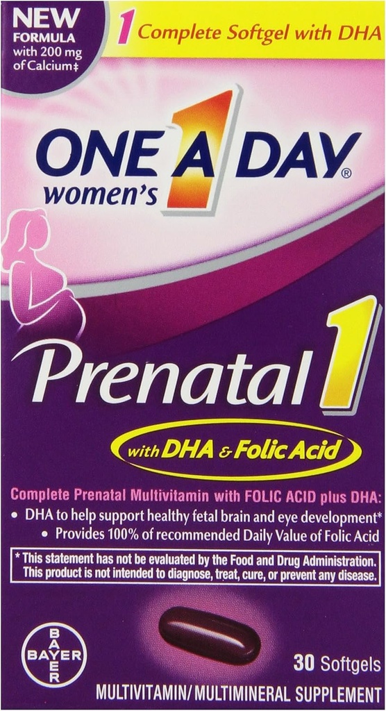 Ein Tag Frauen Prenatal 1 Multivitamin, Ergänzung für Vor, Während und Post Schwangerschaft, einschließlich Vitamine A, C, D, E, B6, B12, und Omega-3 DHA, 30 Count