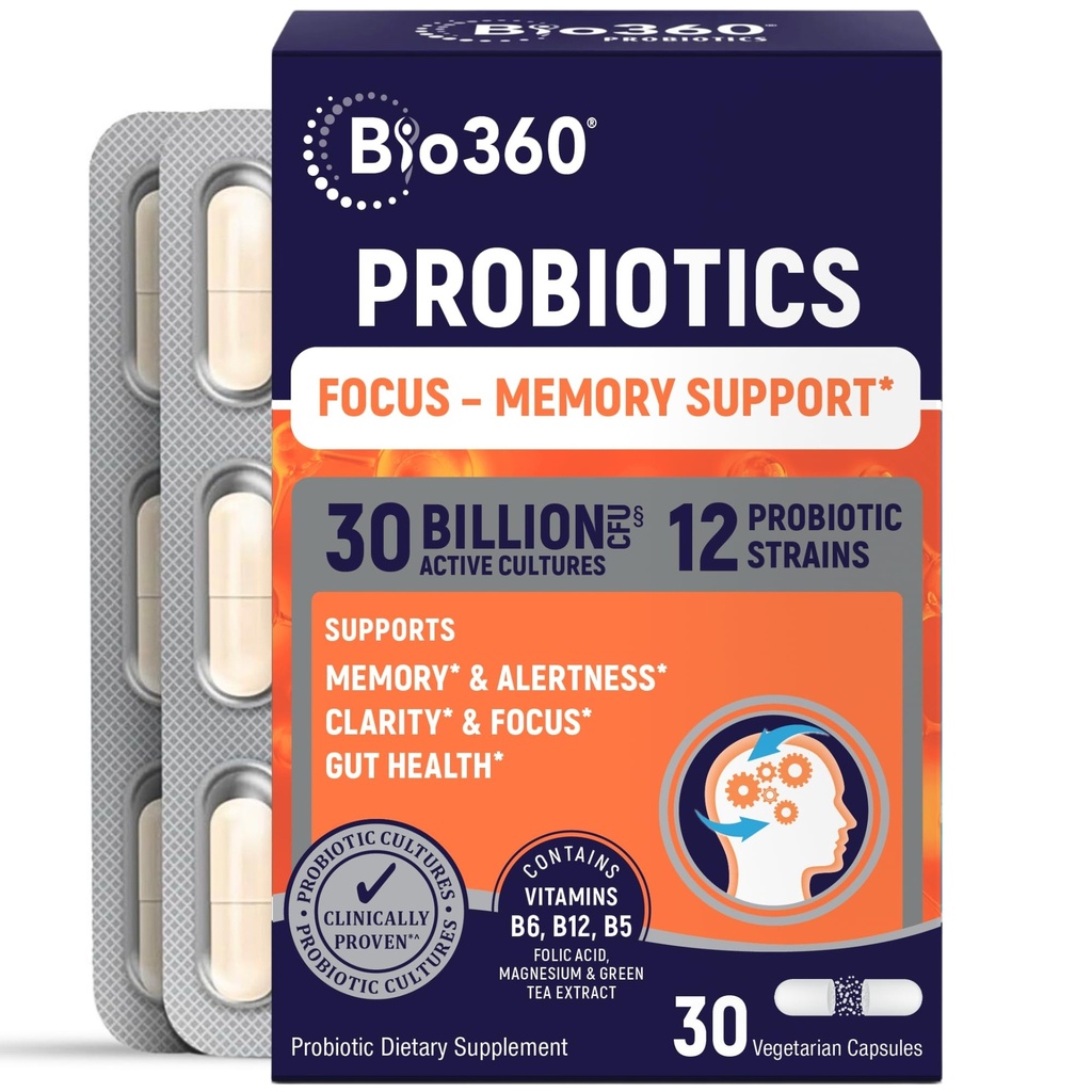 Bio360 Integratori del cervello per la memoria e la messa a fuoco - Supporta la salute del cervello, Clarity mentale e allerta - Capsule con B5, B6 & B12-30 miliardi di CFU per l'immunità, la digestione e la salute del fegato - 30 Conte