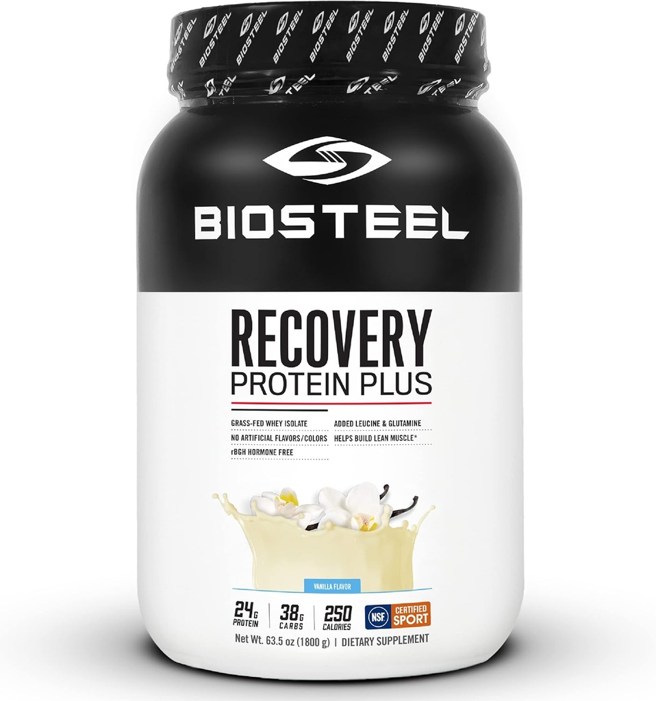 BIOSTEEL Recovery Protein Plus Powder Supplement, Grass-Fed e Non-OGM Formula, Vanilla, 27 Serve