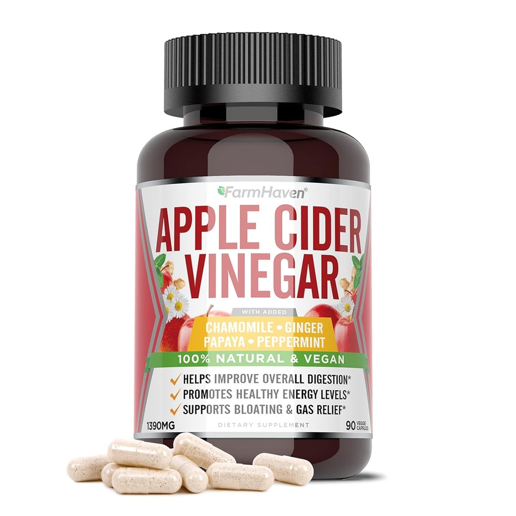 FarmHaven Capsules de vinaigre de cidre de pomme avec mère, Capsules de vinaigre de pomme avec mère 1390MG, pilules de vinaigre de cidre de pomme avec gingembre, pilules de vinaigre de pomme pour la digestion saine, comprimés de vinaigre avec mère