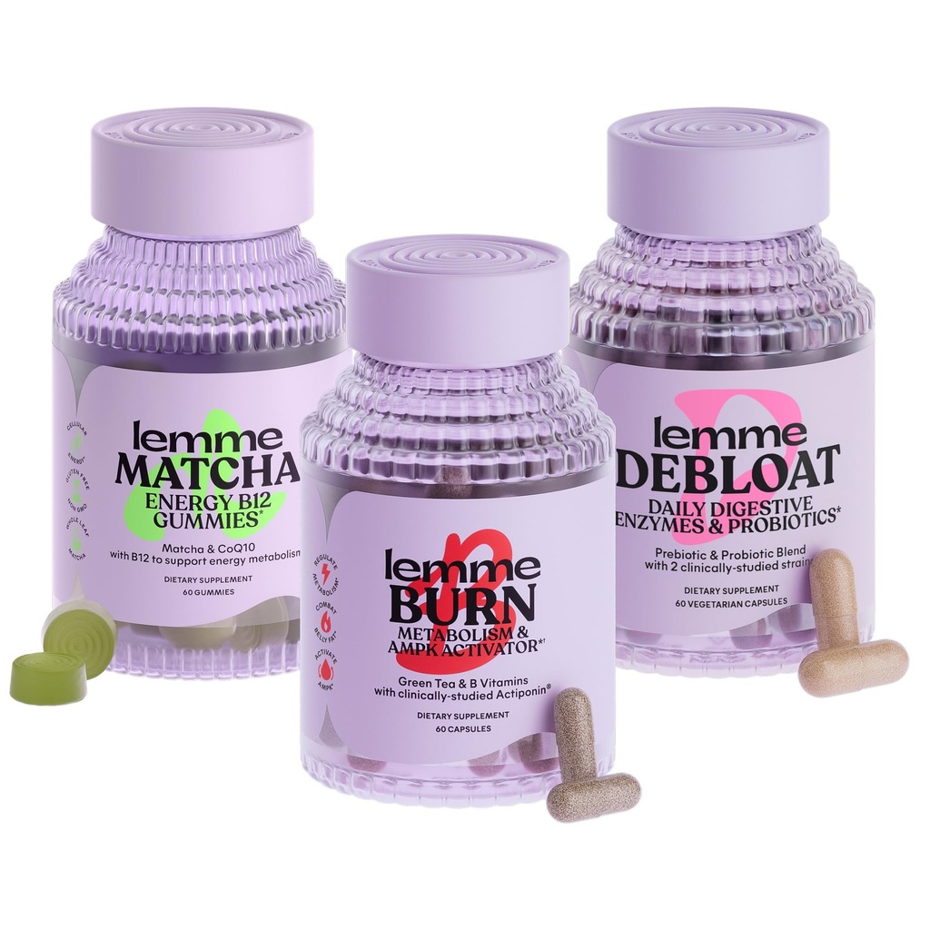 Lemme Burn, Debloat & Matcha Bundle - Metabolism & Fat Burning Kapseln + Blähungen & Gas Relief Kapseln + Energie B12 Gummies - Glutenfrei, Nicht-GVO - 60 ct. ea