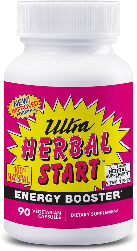 Ultra Herbal Start Energy Booster - con B-12, Panax Ginseng, Yerba Mate, Kola Nut, Spirulina & Echinacea | Promuove Natural Boost of Energy, Stamina & Endurance | Supplemento - 90 Capsule
