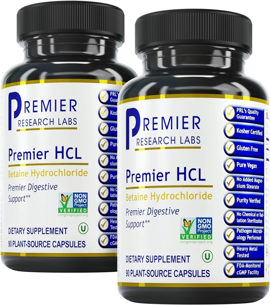 Premier Research Labs Premier HCL - Aide à l'absorption des nutriments et à la fonction digestive - Combiner avec le supplément d'activation HCL - Betaine HCL pour la digestion - 90 capsules d'origine végétale