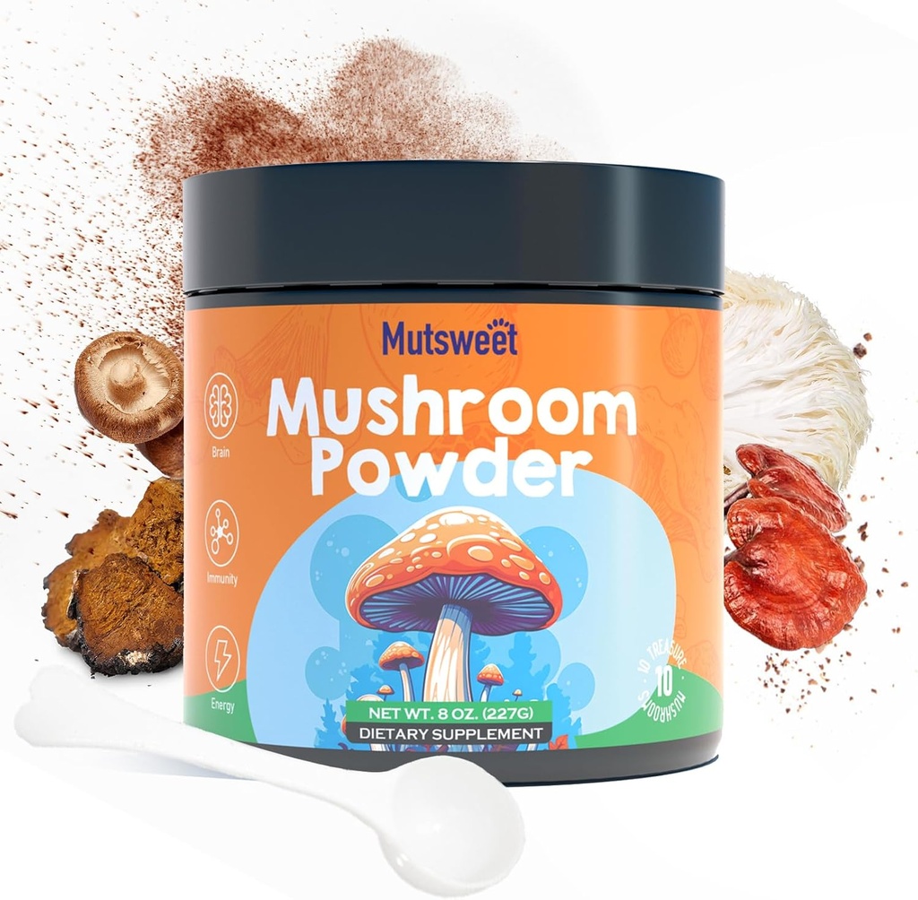 Pilz-Pulver-Mischung (75 Servierungen), Zehn Pilz-Ergänzung mit Lions Mane, Reishi, Cordyceps, Chaga, Pilz-Pulver für Kaffee Alternative, Matcha | Energie, Fokus, Immununterstützung