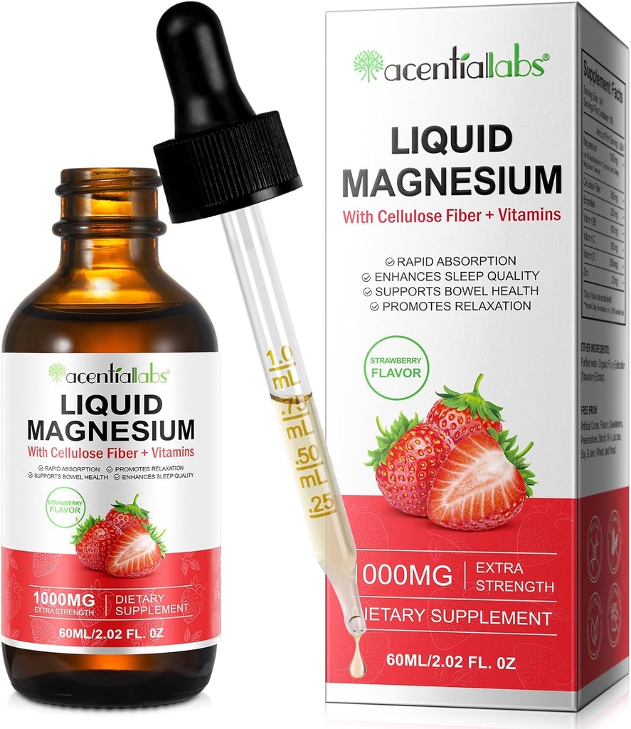 Magnesium Glycinat Flüssigkeit,flüssiges Magnesium 1000Mg, Magnesiumtropfen,flüssiges Magnesiumergänzungsmittel, mit Cellulosefaser, Vitamin B6, C, D, Zink, Verdauungsgesundheit,Promotes Entspannung, kein Zucker,2 Fl Oz