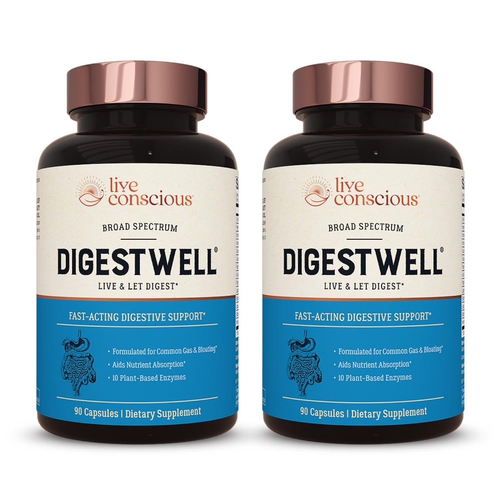 Live Conscious DigestWell Sofortiger Support - Fast-Acting Digestive Support | Broad Spectrum Enzyme, Probiotic & Herbal Formula - Verringert jeden Tag Gas & Bloating - 90 Kapseln (2-Pack)
