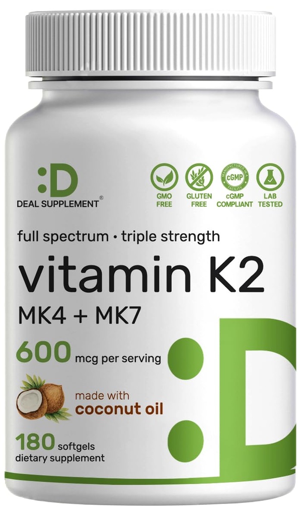 SUPPLEMENTO DEALE Vitamina K2 Supplemento 600mcg, 180 Softgels dell'olio di cocco | Full Spectrum ad alto assorbimento MK-7 & MK-4 Forms | Bone, Joint, & Supporto immunitario – Non OGM