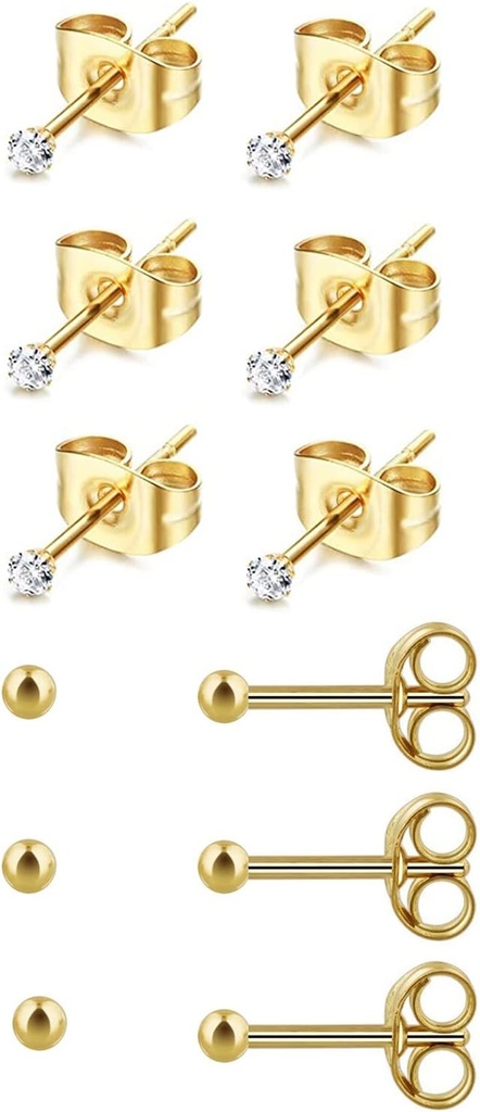 6Pairs 2mm/3mm chirurgici acciaio soluzioni anallergiche Piercing Studs, 20G 14K oro reale riempito piccolo Stud orecchini Set per foro multiplo Piercing (Zirconio cubico, perla, palla)