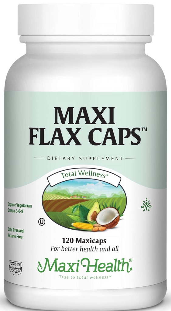 Maxi Flax Caps – Bio Flaxseed Oil, Omega 3, 6, 9 - Kalte Presse - Hexane Free, 700 mg – Kosher, 120 Mützen