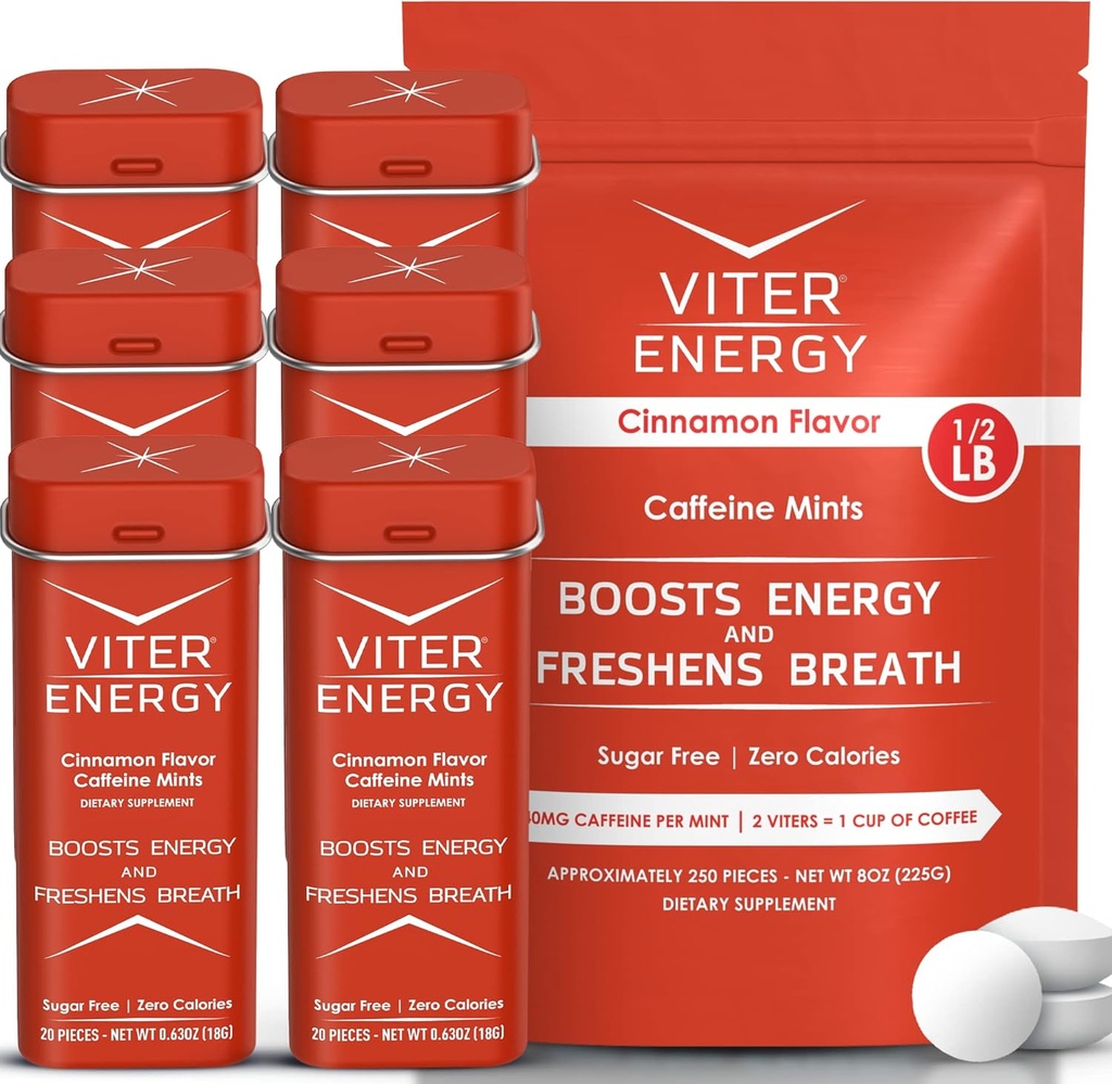 Viter Energy Original Mints de caféine Flavor de cannelle 6 Pack et 1/2 livre sac en vrac - 40mg caféine, B vitamines, sans sucre, végétalien, puissant booster d'énergie pour la concentration et l'alerte