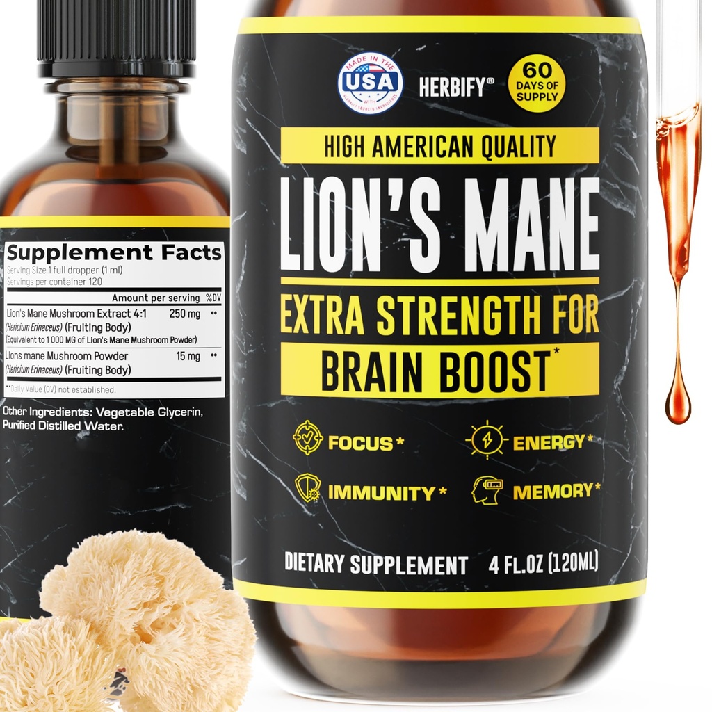 HERBIFY Lions Mane Supplement - Tägliche Pilzergänzung für Gedächtnis, Fokus und Klarheit - Gehirn Booster - Lions Mane Tincture für Immununterstützung - 4 Fl oz