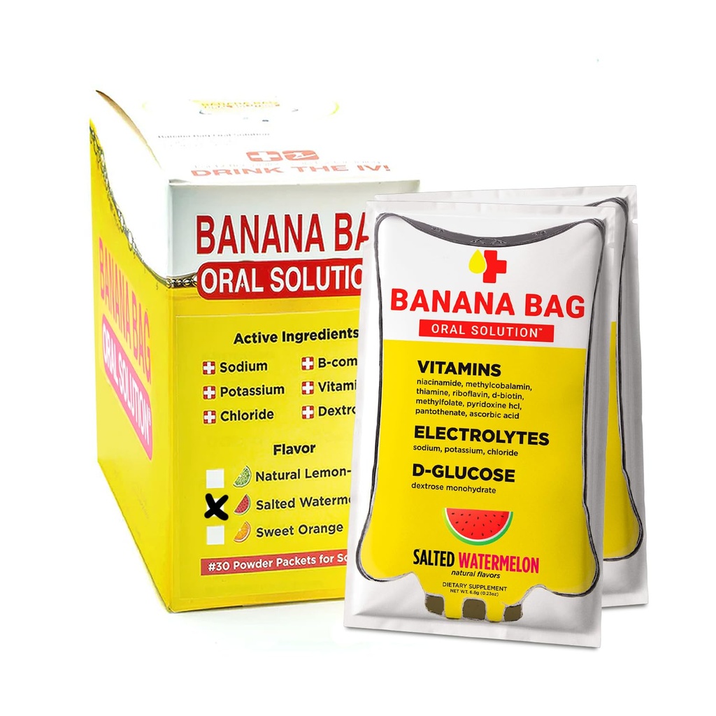 Banana Tasche Oral Lösungspakete – Gesalzene Wassermelone 30pk | Eine erfrischende Mischung aus Elektrolyten, Vitamin C und B-Komplex für Hydration und Energie. Günstig, einfach zu Mix und perfekt für den täglichen Gebrauch.