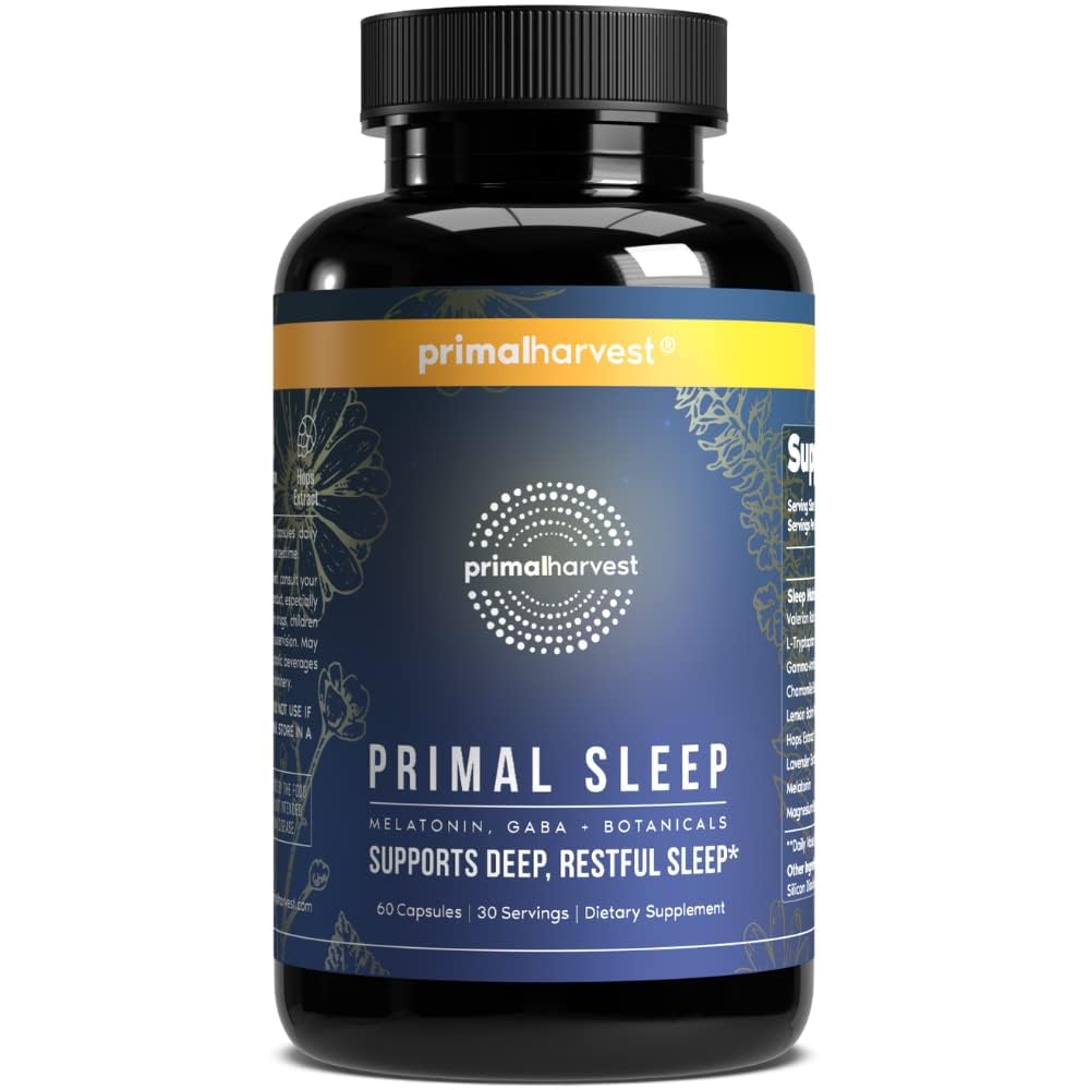 Primal Harvest Primal Sleep Support Supplément pour adultes avec la mélatonine, la GABA, la racine valériane, le L-Tryptophane, le chélate de bisglycinate de magnésium et la camomille pour un sommeil profondément reposé