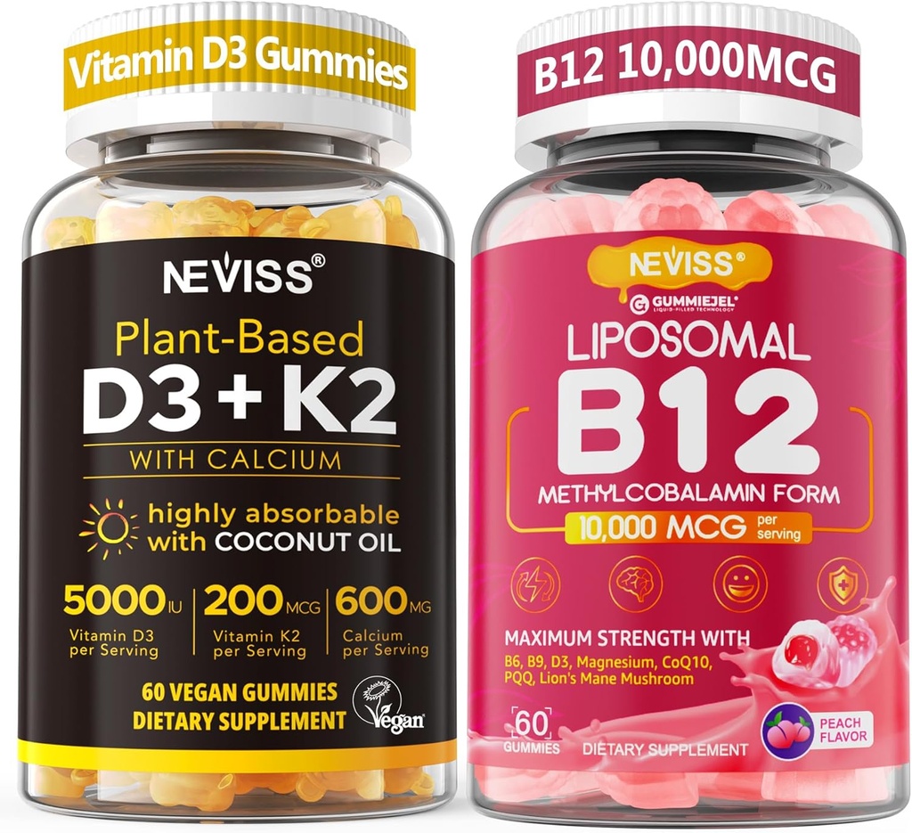 NEVISS 2Pack Vitamin D3 5000iu & K2(as MK7) 200mcg Gummies + 600mg Calcium + 1 Pack Liposomal Methyl B12 5000 mcg/10000 mcg