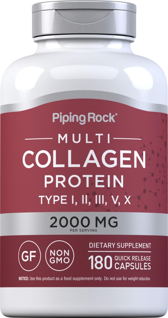 Piping Rock Multi Collagen Protein Kapseln | 180 Count | 2000mg | Typen I, II, III, V, X | Complex Blend | Non-GMO, Glutenfrei