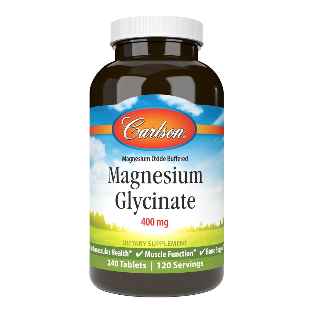 Carlson - Magnesium Glycinat, 200 mg, Überlegene Absorption, Herzgesundheit, Muskelfunktion, Knochenunterstützung, 240 Tabletten