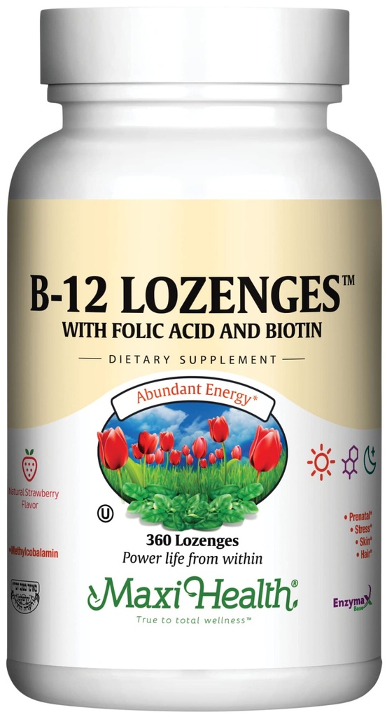 Maxi Health Vitamin B12 Lozenges mit Folsäure und Biotin - Sublingual B12 Vitamine Erdbeeren Geschmack - Vegetarisch Kosher B 12 Vitamin für Rote Blutzellenproduktion und Energie (360 Zähler)