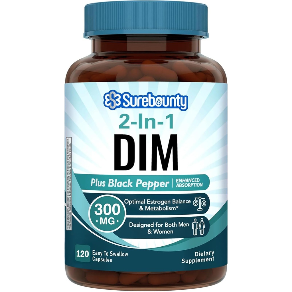 Supplément DIM 300mg pour les femmes et les hommes, équilibre astrogénique et métabolisme, équilibre hormonal, soutien à la ménopause, maintien de l'énergie, absorption élevée avec extrait de poivre noir, 120 capsules