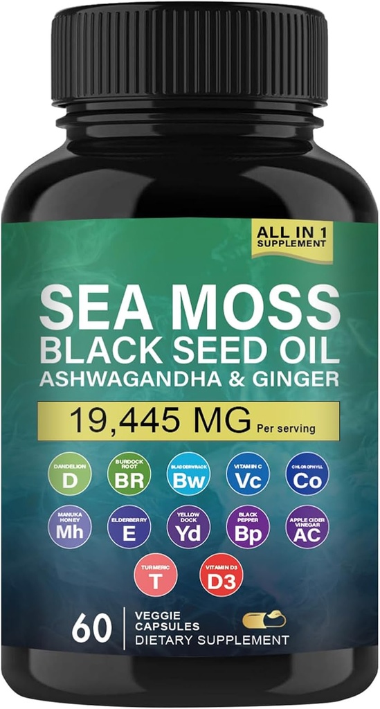 Moss di mare organico, olio di semi neri, Ashwagandha e capsule di zenzero, integratori di moss di mare con Burdock Root Organic, Vitamina C, D3, Turmeric e Dock giallo per il supporto energetico, sistema immunitario e pelle