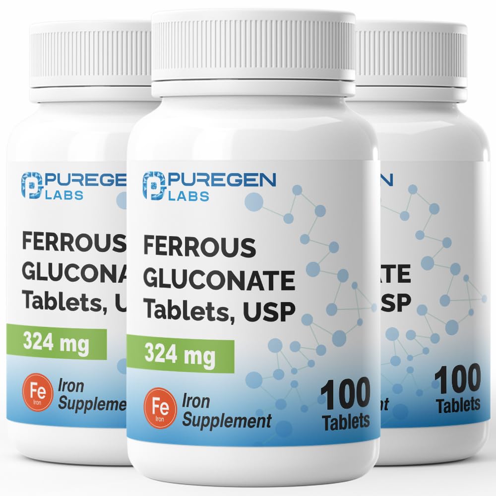 Puregen Labs Gluconate de fer 324 mg [High Potency] Supplément de fer, doux sur l'estomac 3 Pack - 300 Comprimés Total