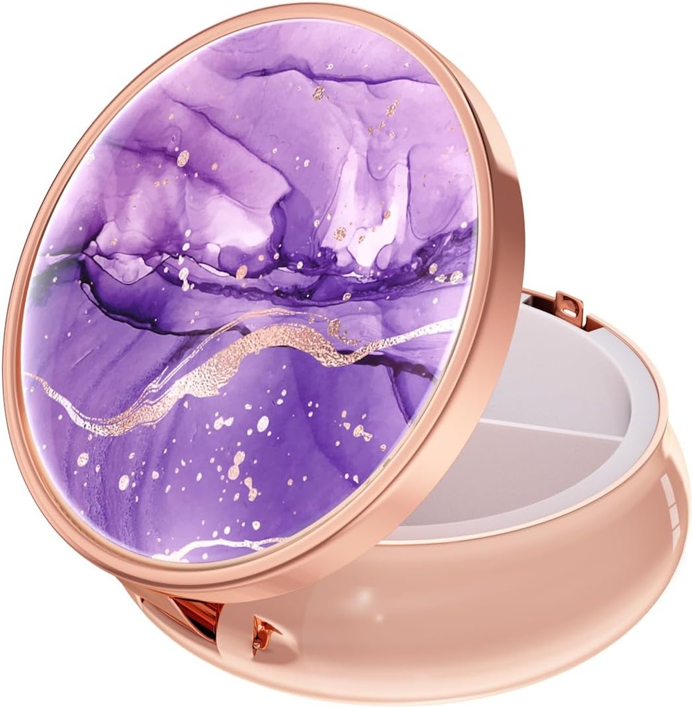 Rouidr Pill Box, 3 Compartment Medicine Pill Case, Small Metal Travel Medicine Box per Purse & Pocket, Rose Gold, Purple Marble