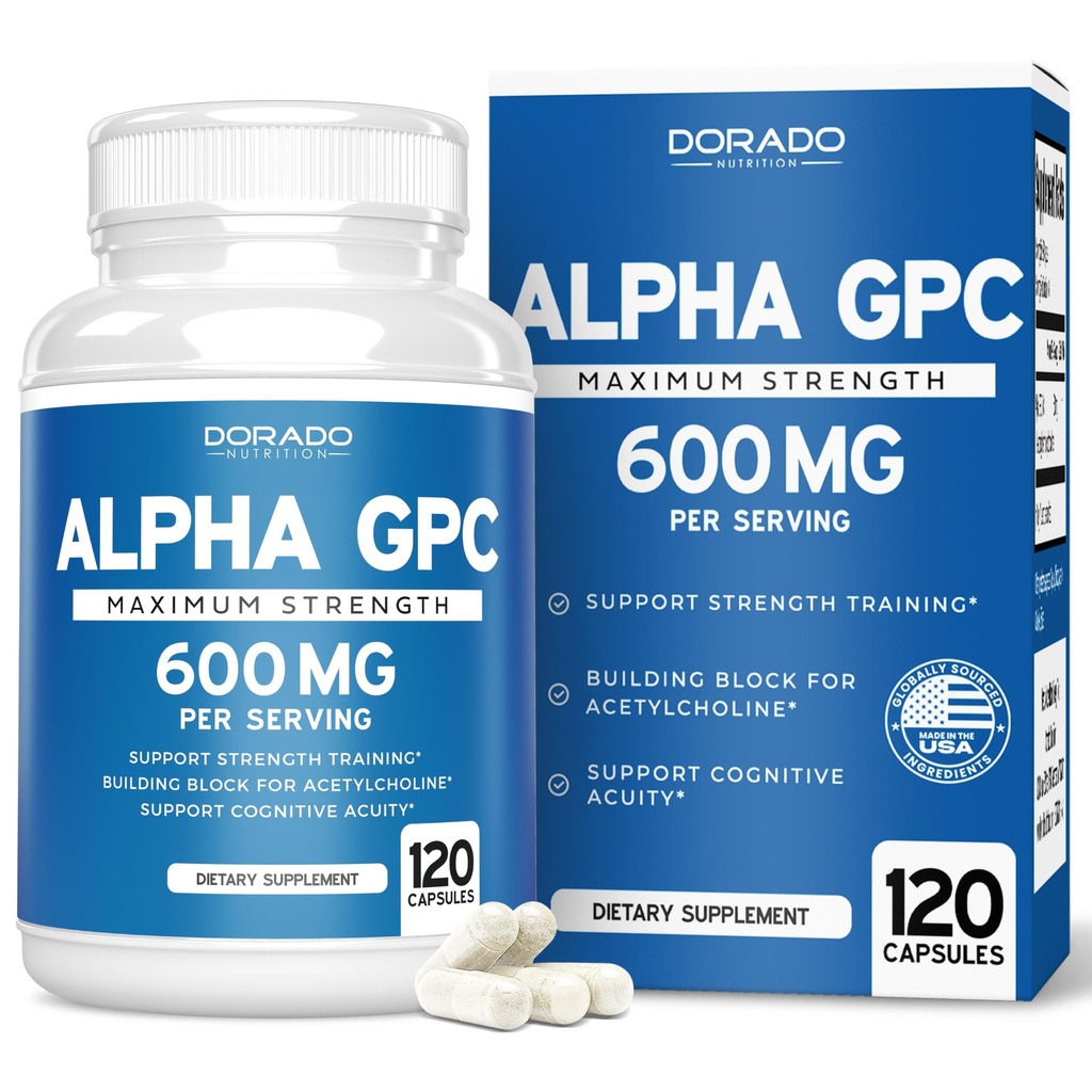 Alpha GPC Choline Capsules - 120 Count, 600mg Servings (Aiuto al supporto del cervello che supporta Focus, Memoria, Motivazione, & Energy (Third Party Tested, Vegan Safe Made in the USA)