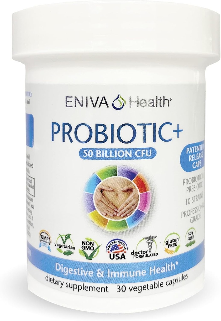 Eniva Salute Probiotico con Prebiotic 10 Strains | 50 miliardi di CFU Per Capsule | 30 Capsule Per Bottiglia | Doctor Formulated | Capsule brevettati di rilascio | Nessun riempimento