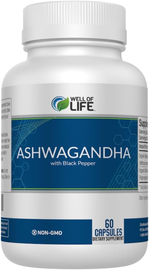 Well of Life: Ashwagandha 650mg + Black Extract 60 Veg Kapseln: Verbesserte Schlaf &amp; Wohlbefinden. Adrenal Health Support. Nicht-GMO, GMP zertifiziert. Made in USA.