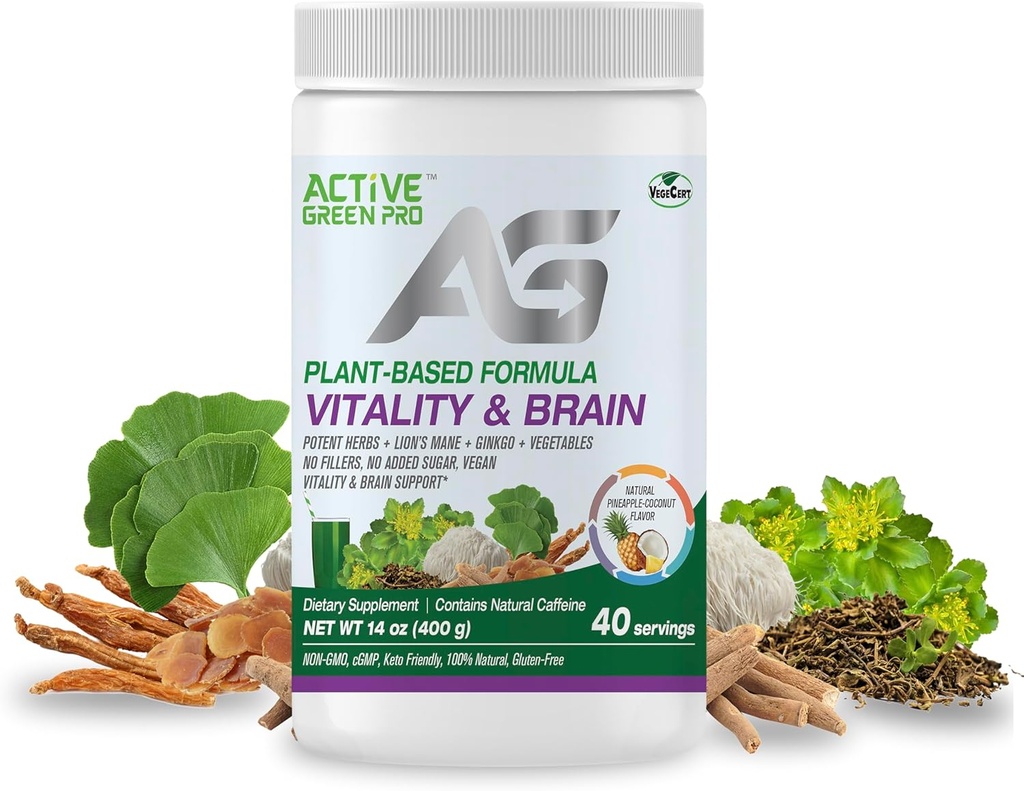 Vitalité et poudre de cerveau, mélange d'herbes synergiques, de la Mane du Lion, du Ginkgo et des légumes, formule à base de plantes, pas de remplissage, pas de sucre ajouté - 40 portions