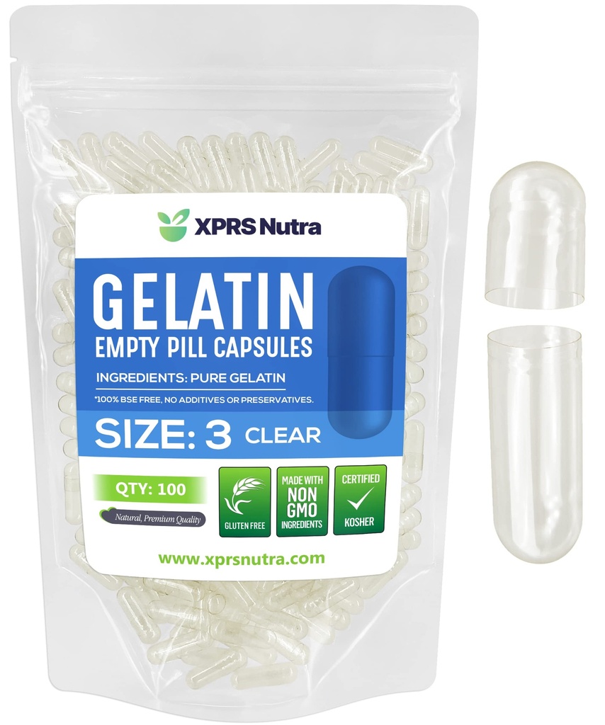 XPRS Nutra Größe 3 Leere Kapseln - 100 Graf Klare leere Gelatine Kapseln - Pillen DIY Kapsel Füllung - Pure Bovine Pille Gel Caps Fillable Do-It-Yourself Vitamine und Ergänzungen